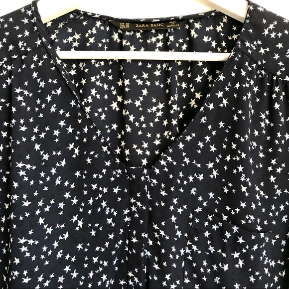Zara Navy Blue Star Chiffon Long Sleeve Button Up Blouse Size XS - Picture 4 of 12